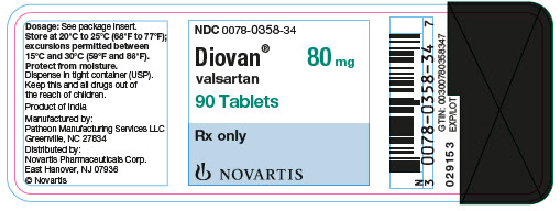 PRINCIPAL DISPLAY PANEL
								NDC 0078-0358-34
								Diovan®
								valsartan
								80 mg
								90 Tablets
								Rx only		
								NOVARTIS