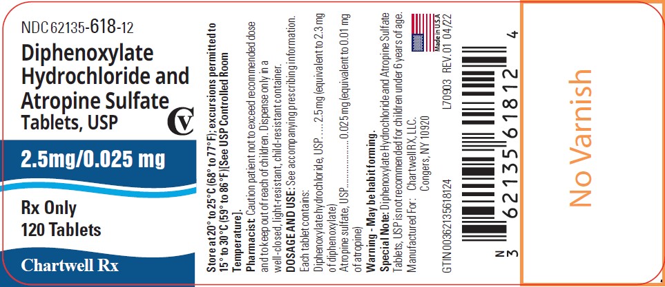 "Diphenoxylate Hydrochloride and Atropine Sulfate Tablet, USP (2.5/0.025 mg)- NDC 62135-618-12 -   120 Tablets Label"