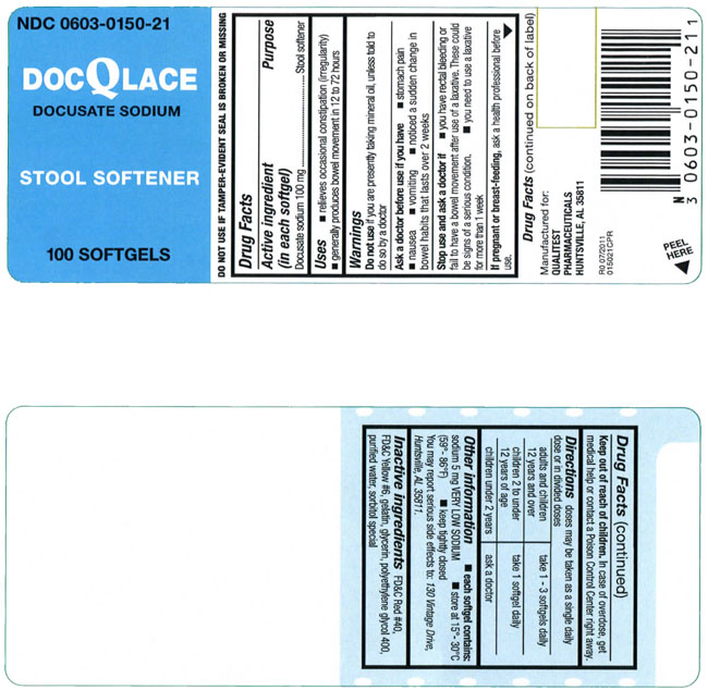 This is an image of the label for DocQLace 100 count softgels.