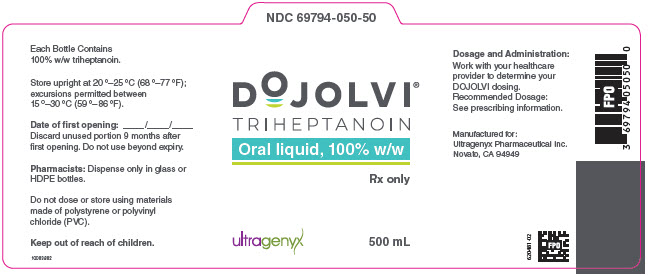 PRINCIPAL DISPLAY PANEL NDC 69794-050-50 DOJOLVI TRIHEPTANOIN Oral liquid, 100% w/w Rx only 500 mL 1 bottle