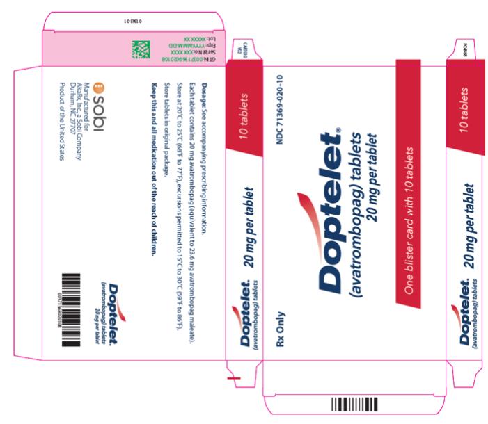 NDC 71369-020-10
20 mg per tablet
Rx Only
Doptelet
one blister card with 10 tablets
