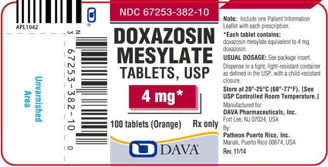 Image of a Doxazosin Mesylate Tablets, USP 4 mg* label.