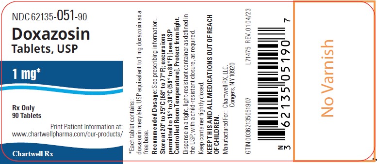 Doxazosin Tablets, USP 1 mg - NDC 62135-051-90 - 90's Bottle Label