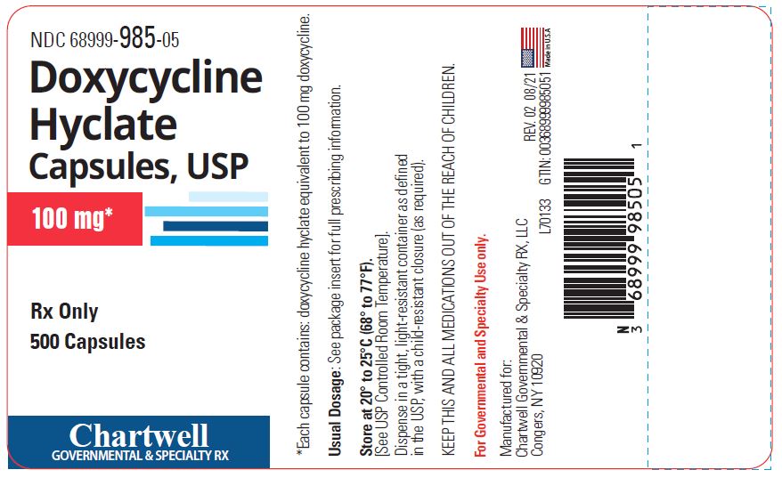 Doxycycline Hyclate Capsules 100 mg - NDC 68999-985-05 - 500 Capsules Label
