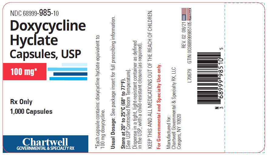 Doxycycline Hyclate Capsules 100 mg - NDC 68999-985-10 - 1000 Capsules Label