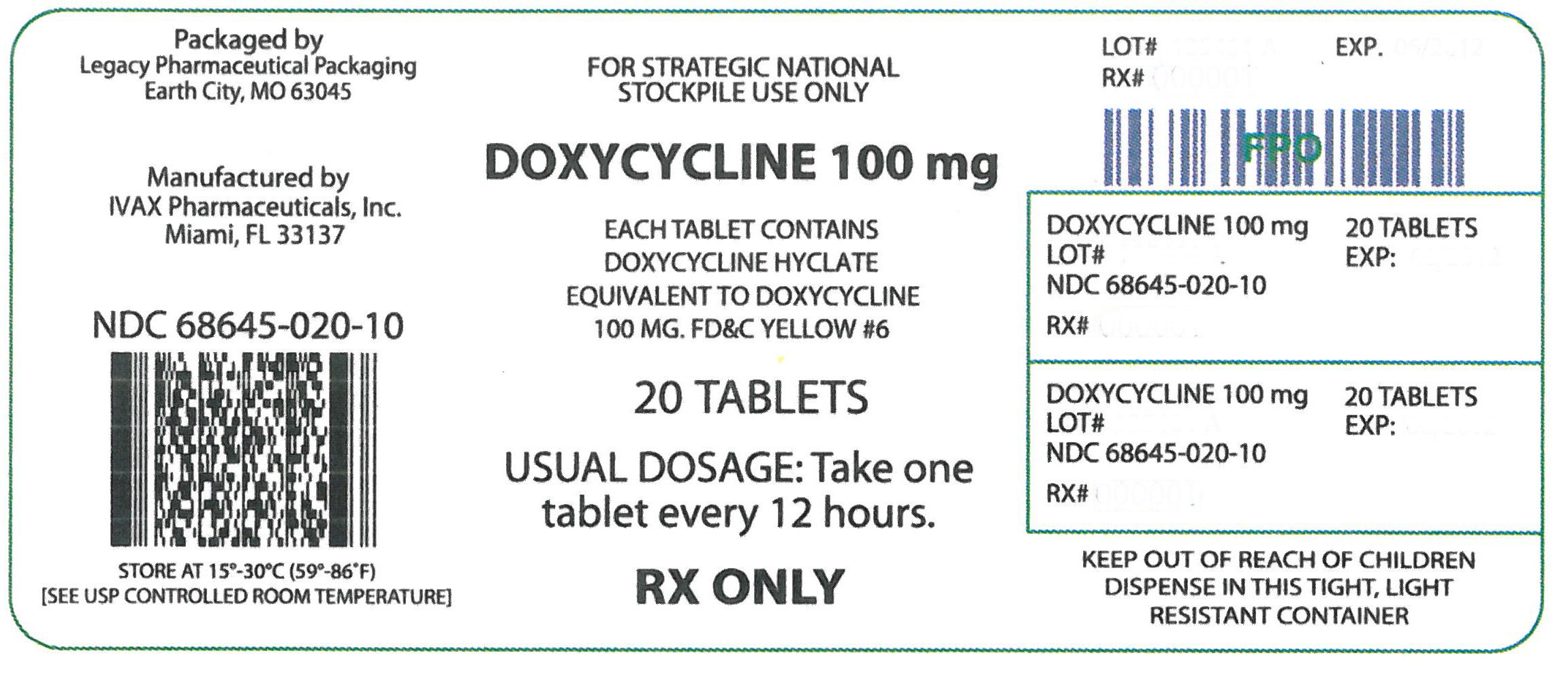 NDC 68645-020-10

Doxycycline 100mg

Rx Only

20 tablets

