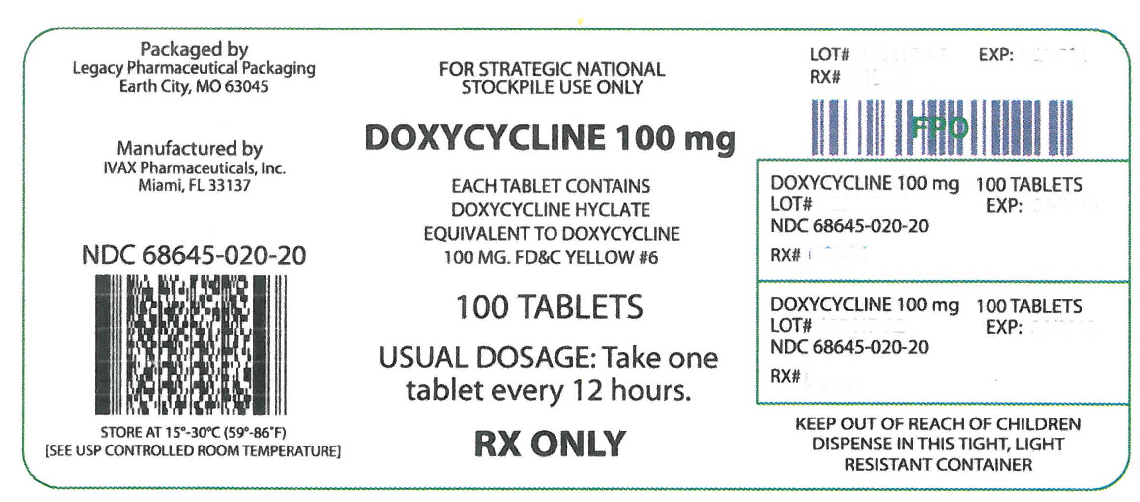 NDC 68645-020-20

Doxycycline 100mg

100 tablets

Rx Only

