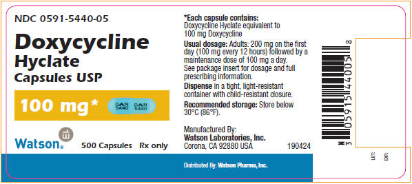 NDC 0591-5440-05 Doxycycline Hyclate Capsules USP 100 mg 500 Capsules Rx Only