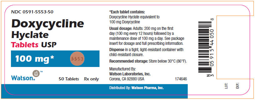 NDC 0591-5553-05 Doxycycline Hyclate Tablets USP 100 mg 50 Tablets Rx Only