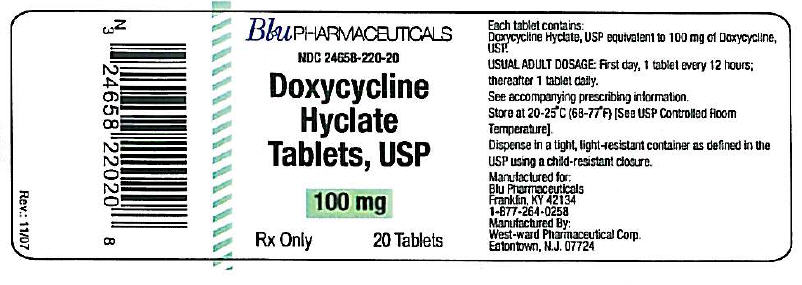 Principal Display Panel of Doxycycline Hyclate Tablets USP, 100mg, 20 tablets