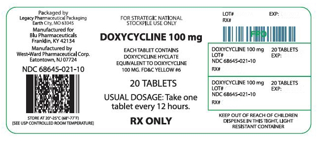 NDC 68645-021-20 For Stockpile Use Only Doxycycline 100 mg 20 Tablets, USP Rx Only