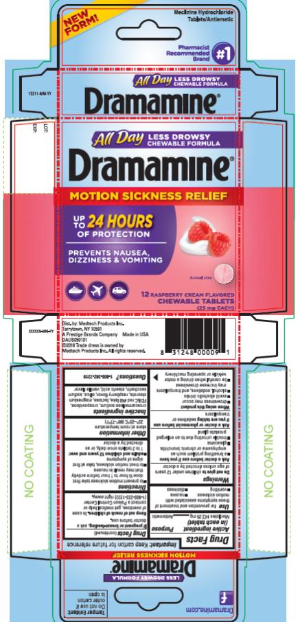 PRINCIPAL DISPLAY PANEL

All Day Less Drowsy Chewable Formula

Dramamine®
Meclizine HCl 25 mg /Motion Sickness Relief

12 Raspberry Cream Flavored Chewable Tablets (25mg EACH)
