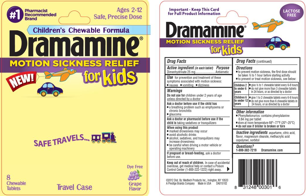 PRINCIPAL DISPLAY PANEL
#1Pharmacist Recommended Brand
Ages 2 – 12
Safe, Precise Dose
Children’s Chewable Formula
Dramamine MOTION SICKNESS RELIEF for Kids
8 Chewable Tablets
Dye Free Grape Flavor