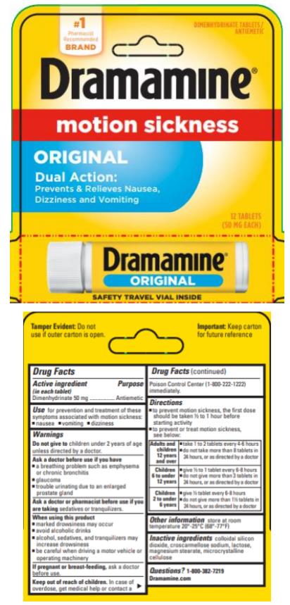 Dramamine®
motion sickness 
Original 
Dimenhydrinate tablets/antiemetic 
12 tablets (50 mg each) 
