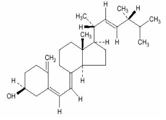 The following structural formula for Ergocalciferol, also called vitamin D2, is 9, 10-secoergosta-5,7,10 (19), 22-tetraen-3-ol, (3ß,5Z,7E,22E)-; (C28H44O) with a molecular weight of 396.65.