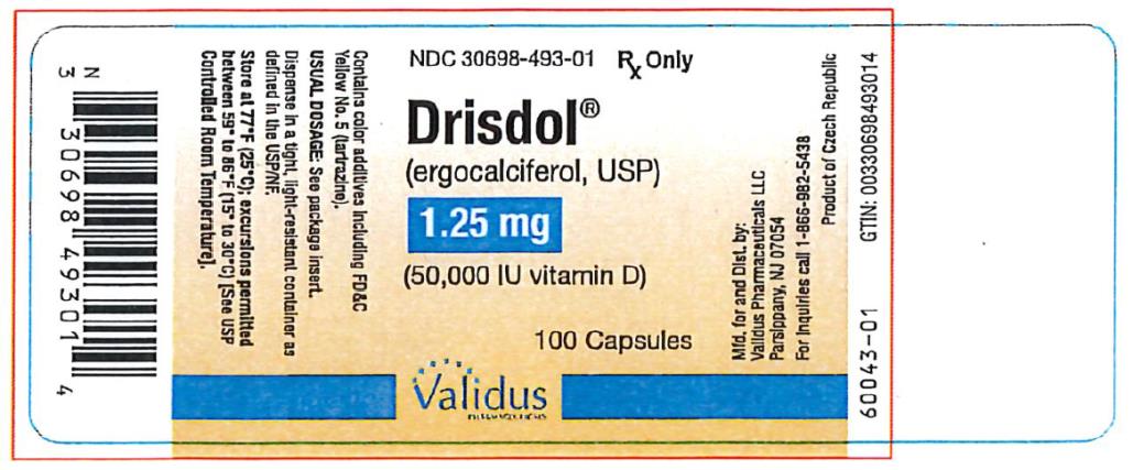 PRINCIPAL DISPLAY PANEL
NDC 30698-493-01
Drisdol
(ergocalciferol, USP)
1.25
(50,000 IU vitamin D)
100 Capsules
Rx Only
