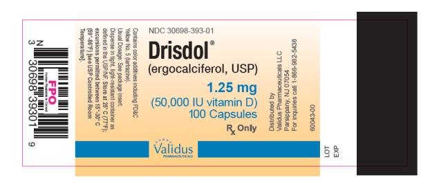 NDC 30698-393-01
100 capsules 

Drisdol® 
(ergocalciferol, USP)
1.25 mg 
(50,000 IU vitamin D)
Rx only
