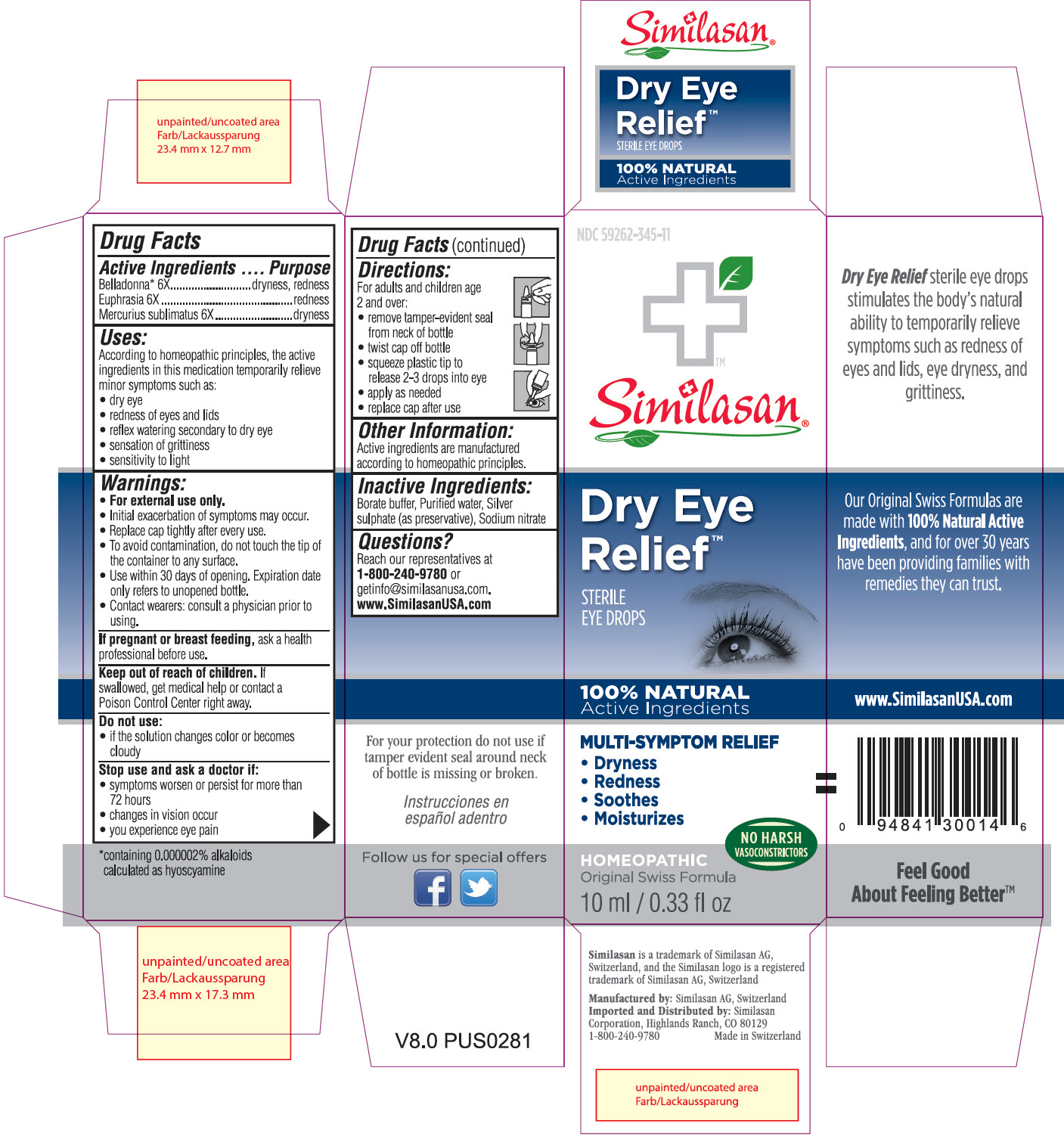 NDC 59262-345-11 Similasan Dry Eye Relief Sterile Eye Drops 10 ml / 0.33 fl oz