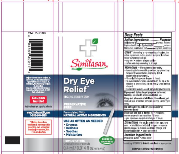Principal Display Panel

Similasan
Dry Eye 
Relief
SINGLE-USE STERILE EYE DROPS
Preservative Free
0.4 ml/ 0.014 fl oz (one vial)
