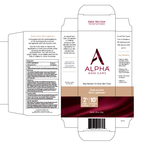PRINCIPAL DISPLAY PANEL
Alpha
skin care
Dual Action
Skin Lightener
Net Wt. 0.85 oz. (24g)

