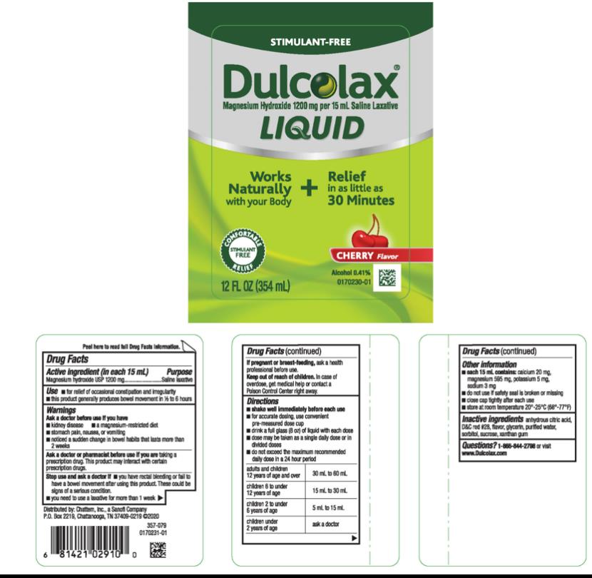Stimulant-Free
Dulcolax 
Magnesium Hydroxide 1200 mg per 15 mL Saline Laxative
Liquid
Cherry Flavor
12 Fl Oz (354 mL)
