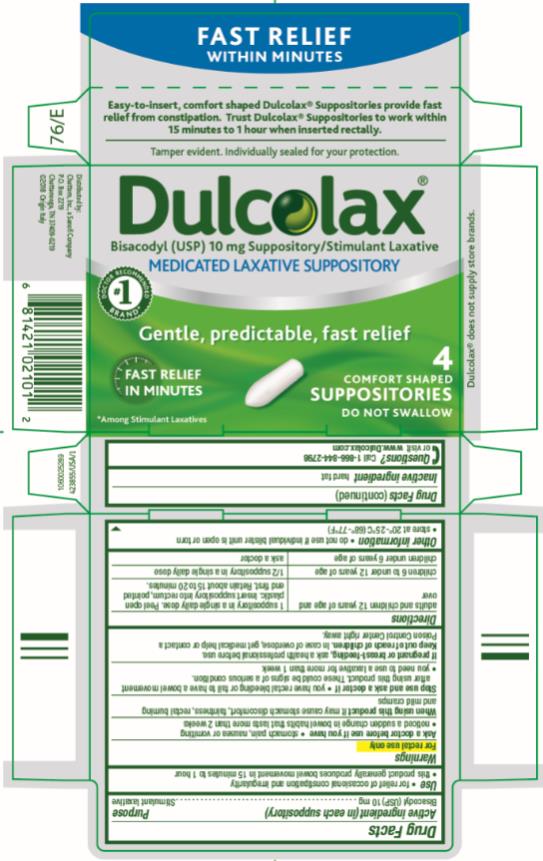 PRINCIPAL DISPLAY PANEL
Dulcolax
Bisacodyl (USP) 10 mg Suppository/ Stimulant Laxative
MEDICATED LAXATIVE SUPPOSITORY
4
COMFORT SHAPED
SUPPOSITORIES
DO NOT SWALLOW

