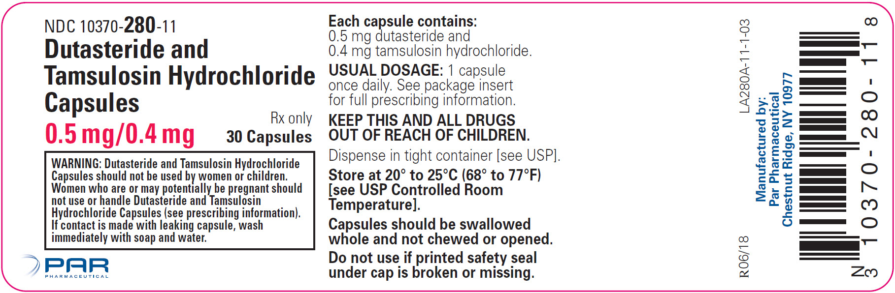 NDC 10370-280-11 Dutasteride and Tamsulosin Hydrochloride Capsules 0.5mg/0.4 mg 30-count Rx Only