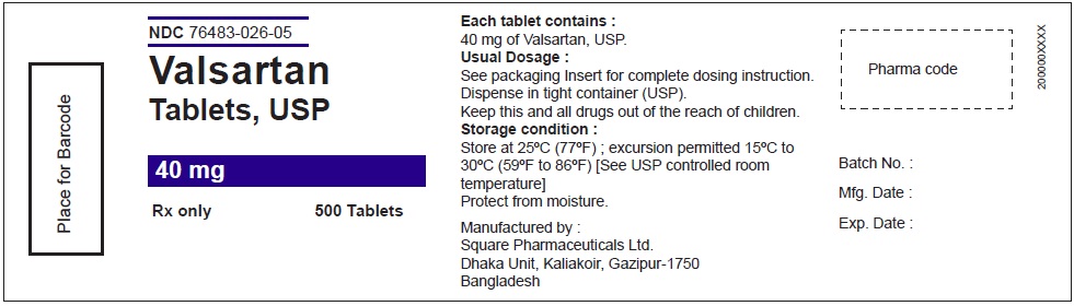 Valsartan Tablets USP, 40 mg - 500 Tablets