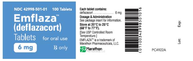 PRINCIPAL DISPLAY PANEL
NDC 42998-501-01
Emflaza
(deflazacort)
Tablets
6 mg
100 Tablets
Rx Only