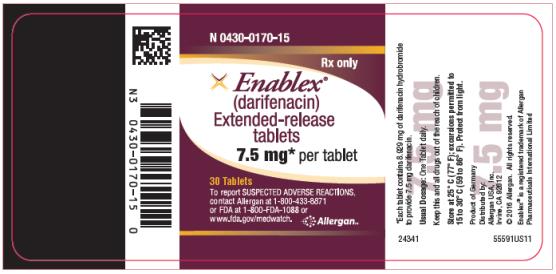 NDC 0430-0170-15
Rx only
Enablex® (darifenacin) Extended-release tablets
7.5 mg* per tablet
30 Tablets
To report SUSPECTED ADVERSE REACTIONS, 
contact Allergan at 1-800-433-8871 
or FDA at 1-800-FDA-1088 or 
www.fda.gov/medwatch.
