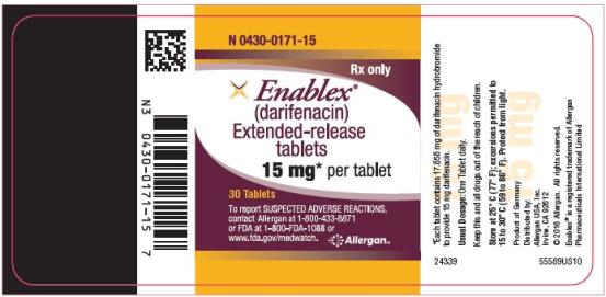 PRINCIPAL DISPLAY PANEL
NDC 0430-0171-15
Rx only
Enablex® (darifenacin) Extended-release tablets
15 mg* per tablet
30 Tablets
To report SUSPECTED ADVERSE REACTIONS, 
contact Allergan at 1-800-433-8871 
or FDA at 1-800-FDA-1088 or 
www.fda.gov/medwatch.

