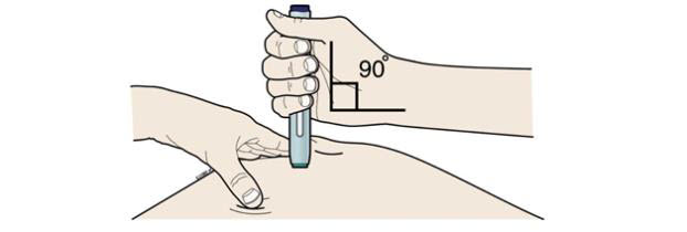 Hold the stretch or pinch. With the white cap off, place the autoinjector on your skin at 90 degrees.