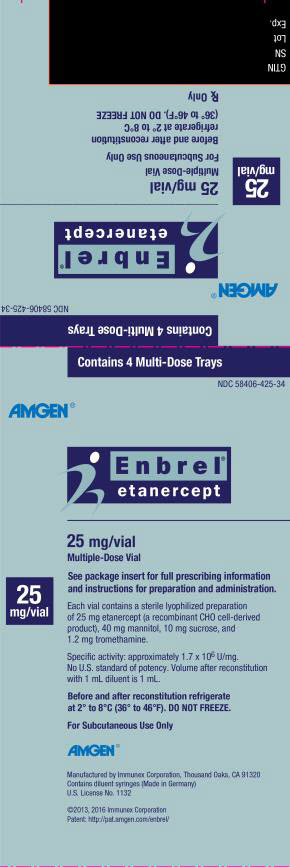 PRINCIPAL DISPLAY PANEL Contains 4 Multi-Dose Trays NDC 58406-425-34 AMGEN® Enbrel® etanercept 25 mg/vial Multiple-Dose Vial See package insert for full prescribing information and instructions for preparation and administration. 25 mg/vial Each vial contains a sterile lyophilized preparation of 25 mg etanercept (a recombinant CHO cell-derived product), 40 mg mannitol, 10 mg sucrose, and 1.2 mg tromethamine. Specific activitiy: approximately 1.7 x 106 U/mg. No U.S. standard of potency. Volume after reconstitution with 1 mL diluent is 1 mL. Before and after reconstitution refrigerate at 2° to 8°C (36° to 46°F). DO NOT FREEZE. For Subcutaneous Use Only AMGEN® Manufactured by Immunex Corporation, Thousand Oaks, CA 91320 Contains diluent syringes (Made in Germany) U.S. License No. 1132 ©2013, 2016 Immunex Corporation Patent: http://pat.amgen.com/enbrel/