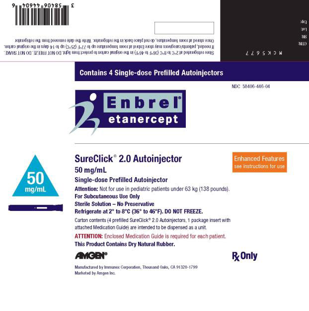 PRINCIPAL DISPLAY PANEL Contains 4 Single-dose prefilled Autoinjectors NDC 58406-446-04 Enbrel® etanercept 50 mg/mL SureClick® 2.0 Autoinjector Enhanced Features see instructions for use 50 mg/mL Single-dose Prefilled Autoinjector Attention: Not for use in pediatric patients under 63 kg (138 pounds) For Subcutaneous Use Only Sterile Solution – No Preservative Refrigerate at 2° to 8°C (36° to 46°F). DO NOT FREEZE. Carton contents (4 prefilled SureClick® 2.0 Autoinjectors, 1 package insert with attached Medication Guide) are intended to be dispensed as a unit. ATTENTION: Enclosed Medication Guide is required for each patient. This Product Contains Dry Natural Rubber. AMGEN® Rx Only Manufactured by Immunex Corporation, Thousand Oaks, CA 91320-1799 Marketed by Amgen Inc.