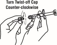 7.	Remove the twist off cap from the prefilled diluent syringe by turning counter clockwise.  Do not bump or touch the plunger.  Doing so could cause the liquid to leak out.  You may see a drop of liquid when removing the cap.  This is normal.  Place the cap on your flat work surface.  Do not touch the syringe tip.