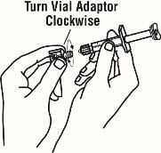 8.	Once the twist off cap is removed, pick up the vial adapter with your free hand.  Twist the vial adapter onto the syringe, turning clockwise until you feel a slight resistance.  Do not over tighten.