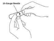 3.	Open the wrapper that contains the 25 gauge needle by peeling apart the tabs and set the needle aside for later use.  The 25 gauge needle will be used to mix the liquid with the powder and for withdrawing Enbrel from the vial.
