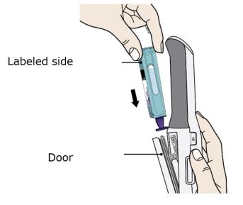 Hold the Enbrel Mini® single-dose cartridge with the labeled side facing out and slide into door.