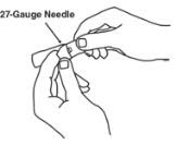 8.	Open the wrapper that contains the 27 gauge needle by peeling apart the tabs and set the needle aside for later use.  The 27 gauge needle will be used to inject the dose.