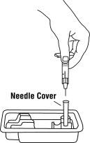 16.	Remove the syringe and needle from the Enbrel vial.  Keep the needle attached to the syringe and insert the 25 gauge needle straight down into the needle cover in the Enbrel dose tray. 