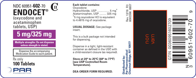 Image of the Endocet® (oxycodone and acetaminophen tablets, USP) 5 mg/325 mg 100 tablet label.