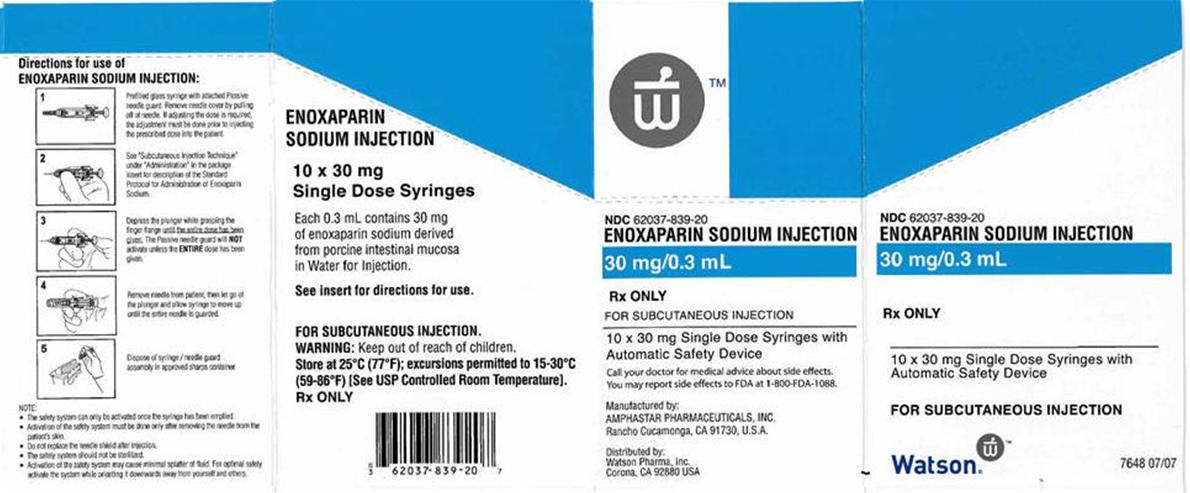 NDC 62037-839-20 ENOXAPARIN SODIUM INJECTION 30 mg/0.3 mL Rx ONLY FOR SUBCUTANEOUS INJECTION 10 x 30 mg Single Dose Syringes with Automatic Safety Device
