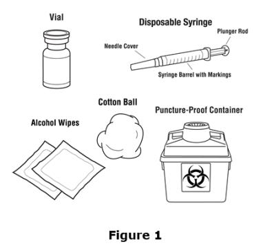 Gather the other supplies you will need for your injection (vial, syringe, alcohol wipes, cotton ball, and a puncture-proof container for throwing away the syringe and needle).  See Figure 1.