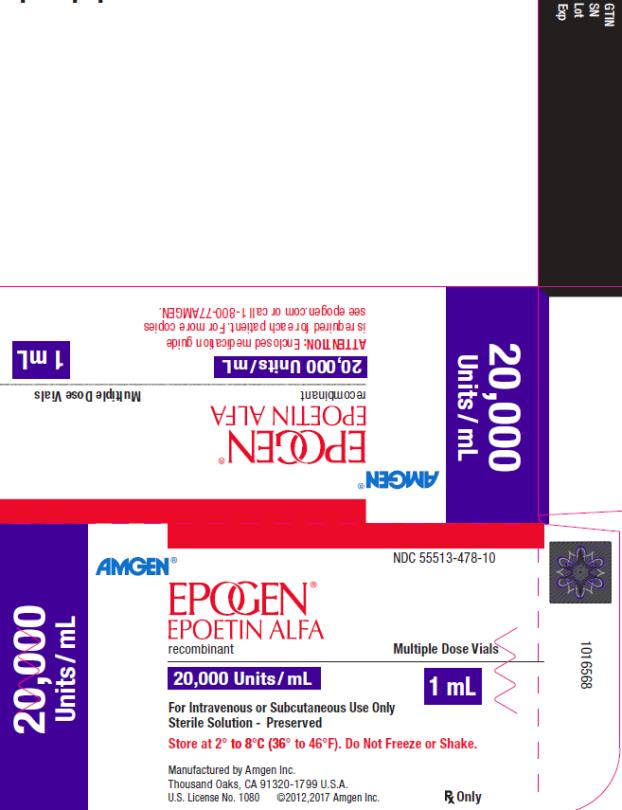 PRINCIPAL DISPLAY PANEL
NDC 55513-478-10
AMGEN®
EPOGEN®
EPOETIN ALFA
recombinant
Multiple Dose Vials
20,000 Units/mL
20,000 Units/mL
1 mL
For Intravenous or Subcutaneous Use Only
Sterile Solution – Preserved
Store at 2˚ to 8˚C (36˚ to 46˚F).  Do Not Freeze or Shake.
Manufactured by Amgen Inc.
Thousand Oaks, CA 91320-1799 U.S.A.
U.S. License No. 1080
©2012,2017 Amgen Inc.
Rx Only
