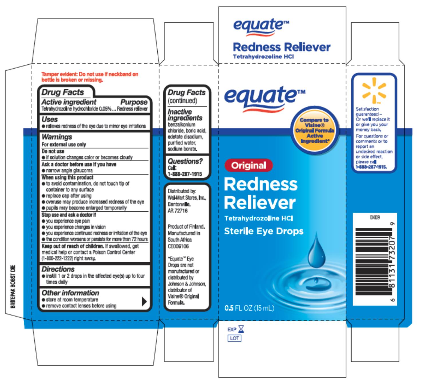 Equate®
Original Redness
Reliever
Tetrahydrozoline HCI
Sterile Eye Drops
0.5 FL OZ (15 mL)
