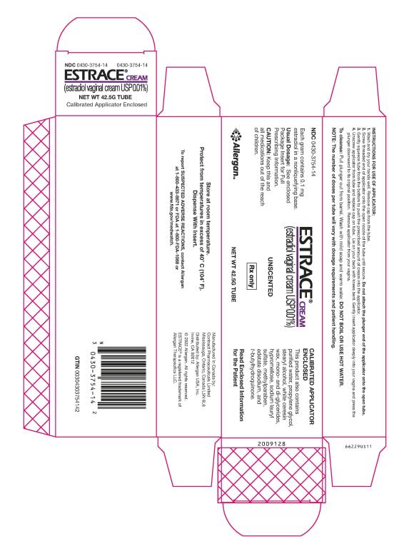 PRINCIPAL DISPLAY PANEL
NDC 0430-3754-14
ESTRACE® CREAM
(estradiol vaginal cream USP 0.01%)
Each gram contains 0.1 mg estradiol in a nonliquefying base.
Usual Dosage: See enclosed Package Insert for Full Prescribing Information.
CAUTION: Keep this and all medications out of the reach of children.
UNSCENTED
Rx only
NET WT 42.5G TUBE
