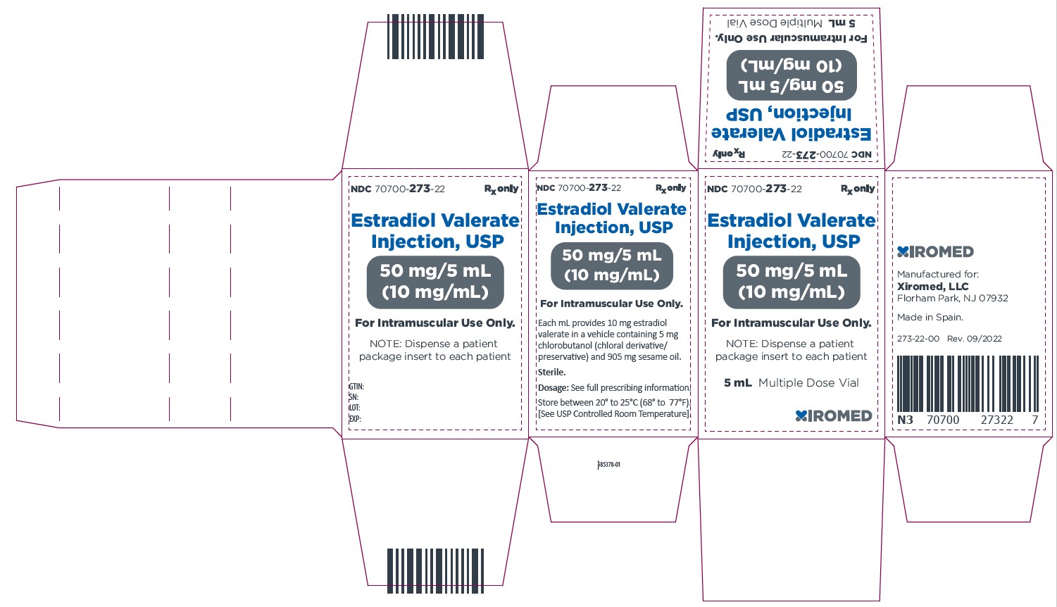 Estradiol valerate injection, USP  10 mg/mL - NDC 70700-273-22 - Carton Label