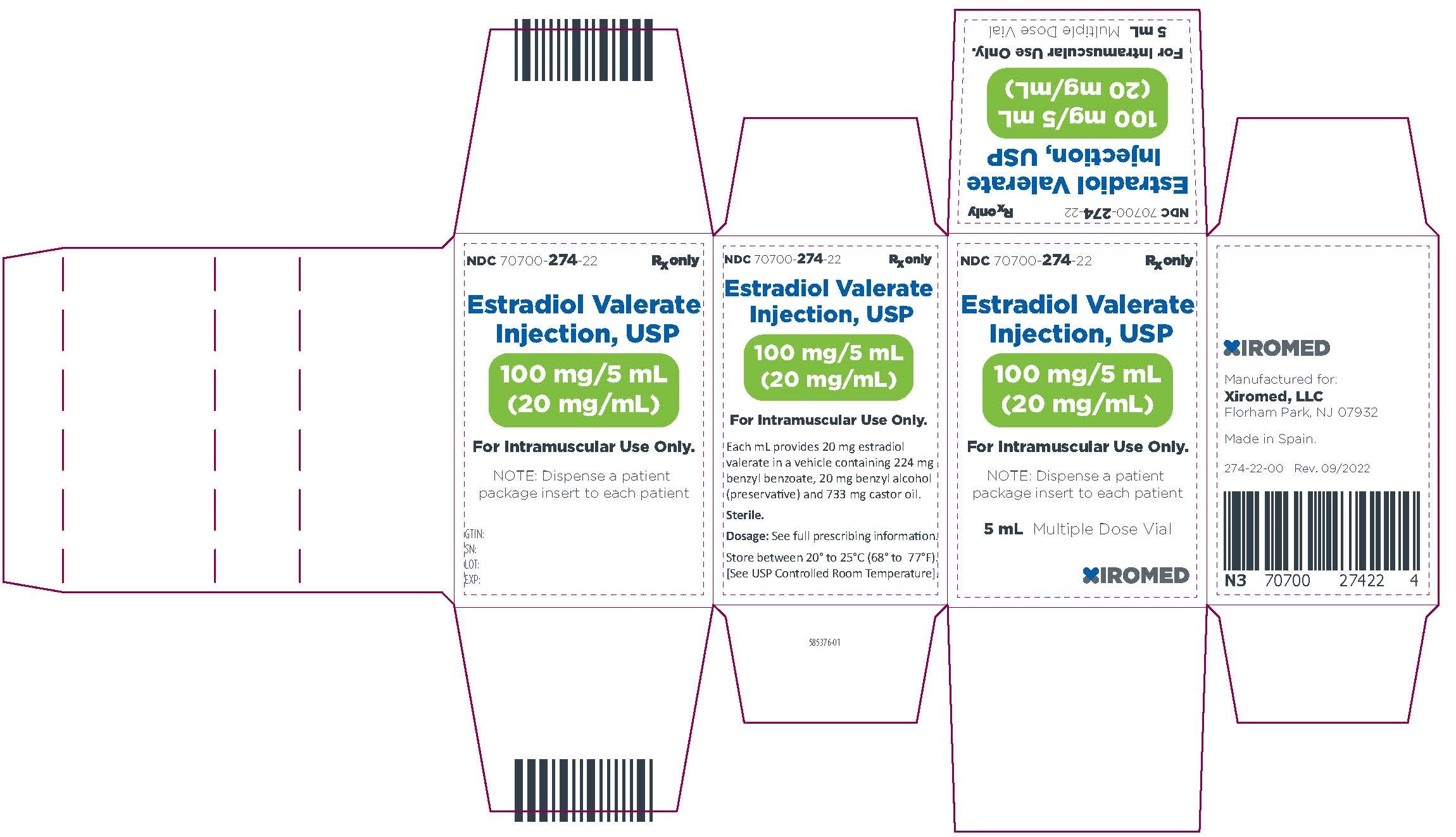 Estradiol valerate injection, USP 20 mg/mL - NDC 70700-274-22- Carton Label