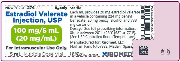 Estradiol valerate injection, USP 20 mg/mL - NDC 70700-274-22- Vial Label
