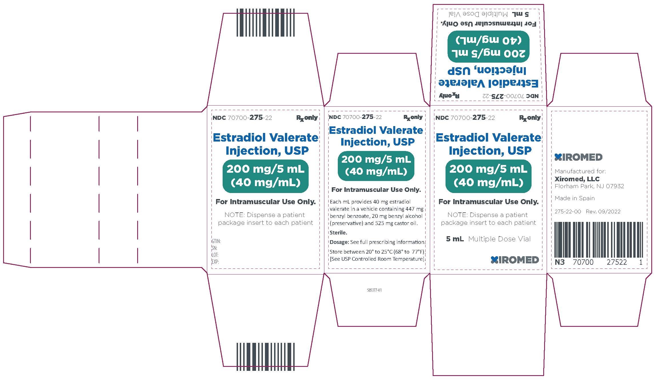 Estradiol valerate injection, USP 40 mg/mL - NDC 70700-275-22 - Carton Label
